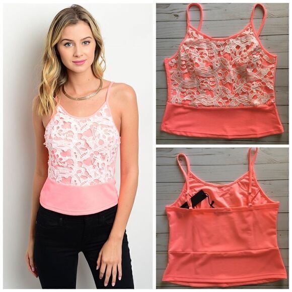Final Sale | Pink and White Crochet Sleeveless Spaghetti Strap Cropped Top - Picture 1 of 5